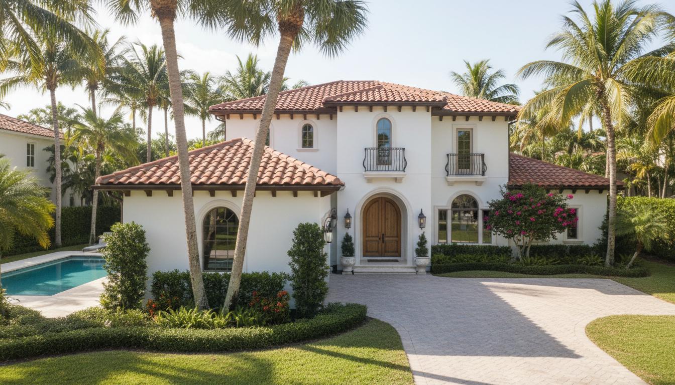 Freshly painted Naples Florida home exterior with pristine white stucco and tropical landscaping