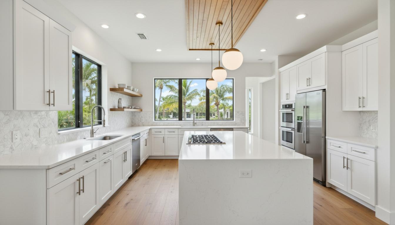 Modern kitchen remodel in Naples Florida home with white cabinets and quartz countertops