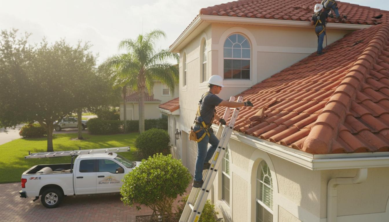 Professional roof repair work on Naples Florida home with terracotta tile roof