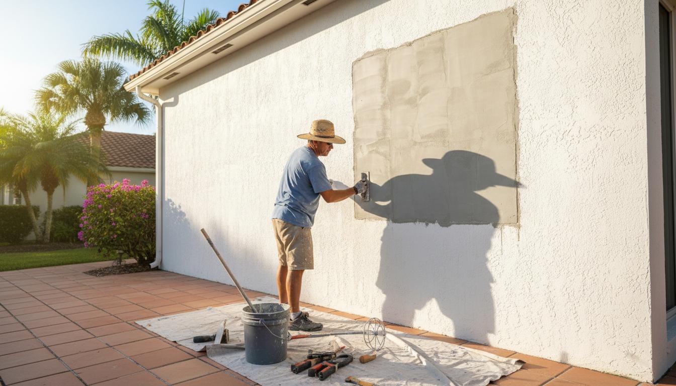 Water damage and stucco repair needed on Naples Florida home exterior